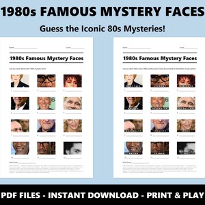 Quiz obrazkowy „Tajemnicze twarze lat 80.”: Gra quizowa do wydrukowania (natychmiastowe pobranie pliku PDF) zdjęcie 2
