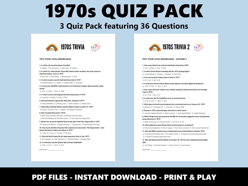 Ensemble de quiz des années 1970 Quiz : questions sur les soirées anecdotes pour les fêtes et les événements (téléchargement PDF instantané) image 2