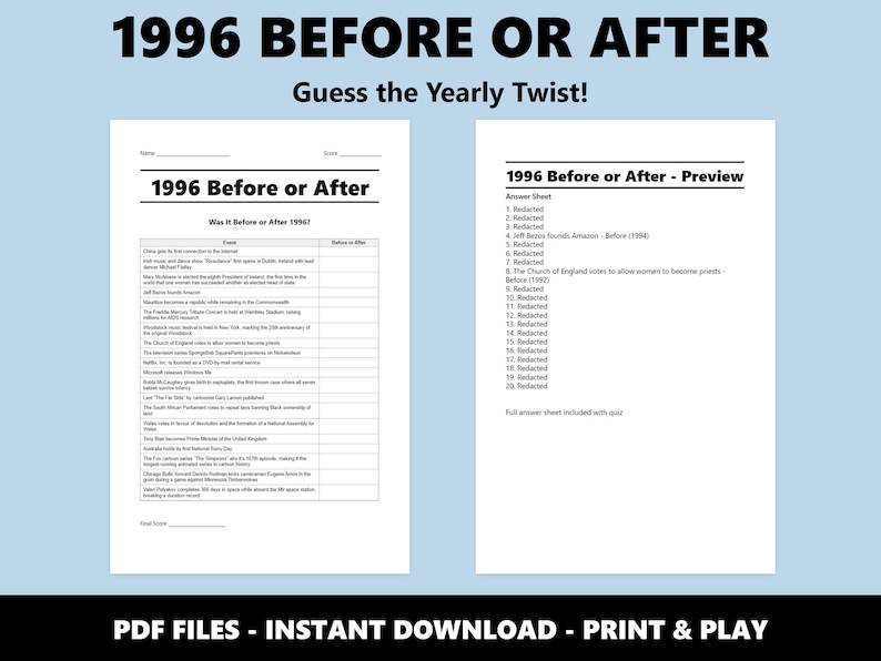 1996 Before or After Trivia Quiz: 30th Celebration Game Night Activity (Instant PDF Download) image 2