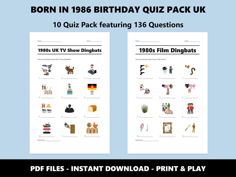 40th Birthday UK Quiz Pack: Born in 1986 Trivia Bundle (Instant PDF Download) image 3