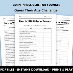 Cuestionario sobre si nació en 1966, mayor o menor: divertido juego de cumpleaños para fiestas y celebraciones (descarga instantánea en PDF) imagen 1