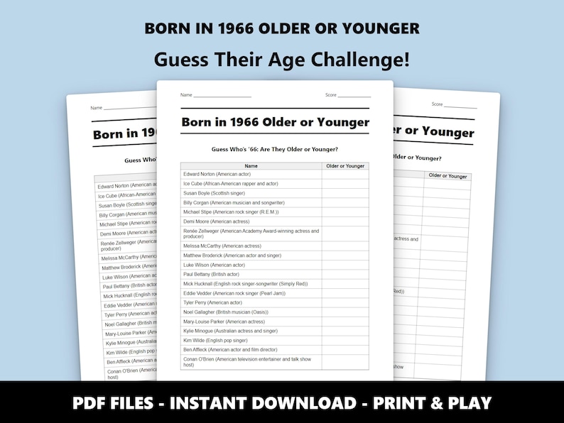 Cuestionario sobre si nació en 1966, mayor o menor: divertido juego de cumpleaños para fiestas y celebraciones (descarga instantánea en PDF) imagen 1