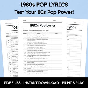 1980s Pop Lyrics Trivia Quiz, Printable Music Game (Instant Download) image 1