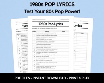 1980s Pop Lyrics Trivia Quiz, Printable Music Game (Instant Download)
