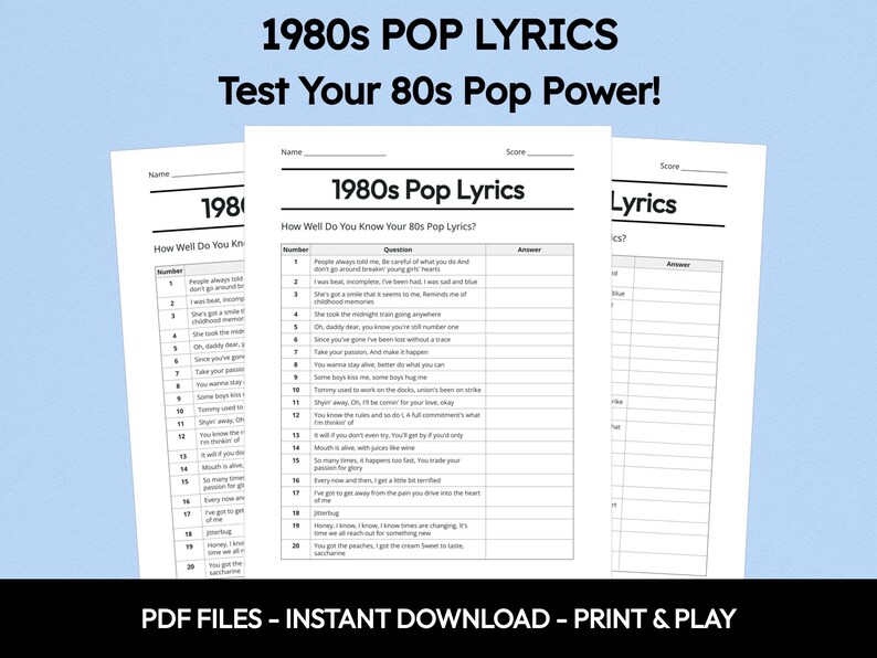 1980s Pop Lyrics Trivia Quiz, Printable Music Game (Instant Download) image 1