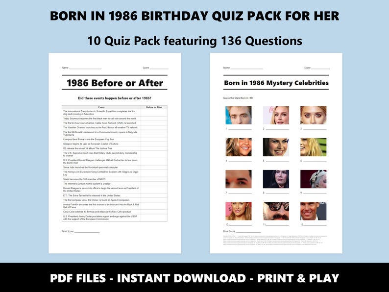 1986 Birthday Trivia Quiz Pack: 40th Birthday, 80s Theme (Instant PDF Download) image 5