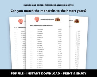 English and British Monarchs Accession Dates: Match-up Choice Quiz Game (Instant Download)