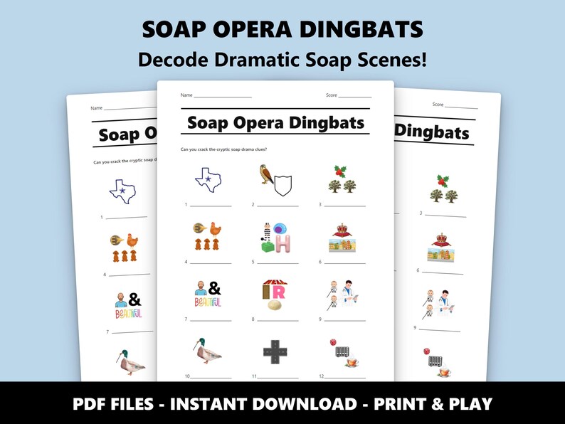 Seifenoper Dingbats Bild Quiz: Lustiges TV-Trivia-Spiel für Partys (Instant PDF Download) Bild 1