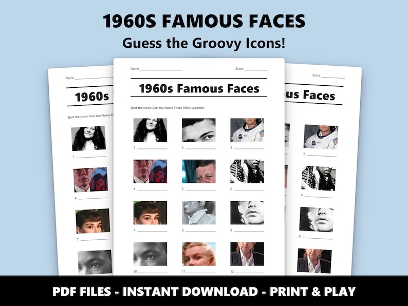 1960s Famous Faces Picture Quiz: Party Trivia Game (Instant PDF Download) image 1