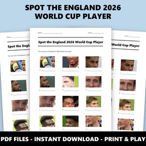 以下が含まれることがあります： Spot the England 2026 World Cup Playerというタイトルの印刷可能なゲームシート。サッカー選手の切り抜き写真が入った12個の番号付きボックス、名前を記入する空白の行、ページ上部に名前とスコアを記入するスペースがあります。