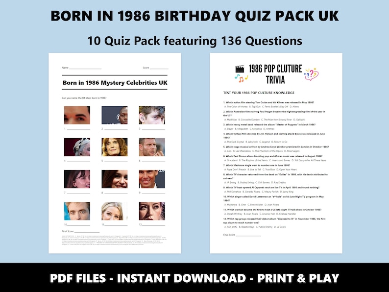 40th Birthday UK Quiz Pack: Born in 1986 Trivia Bundle (Instant PDF Download) image 4