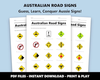 Quiz illustré sur la signalisation routière australienne : jeu-questionnaire amusant (téléchargement PDF instantané)