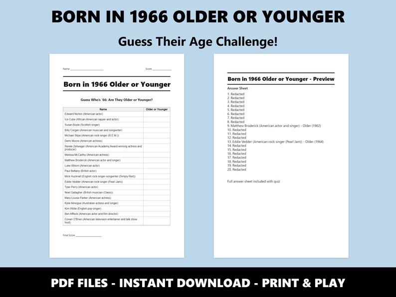 Cuestionario sobre si nació en 1966, mayor o menor: divertido juego de cumpleaños para fiestas y celebraciones (descarga instantánea en PDF) imagen 2