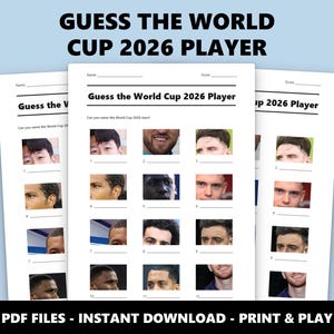 以下が含まれることがあります： Guess the World Cup 2026 Playerというタイトルの印刷可能なゲームシート。12個の番号付きボックスがあり、それぞれに識別用のサッカー選手の顔の切り抜き写真と、名前やスコアを記入するための空白の線が記載されています。