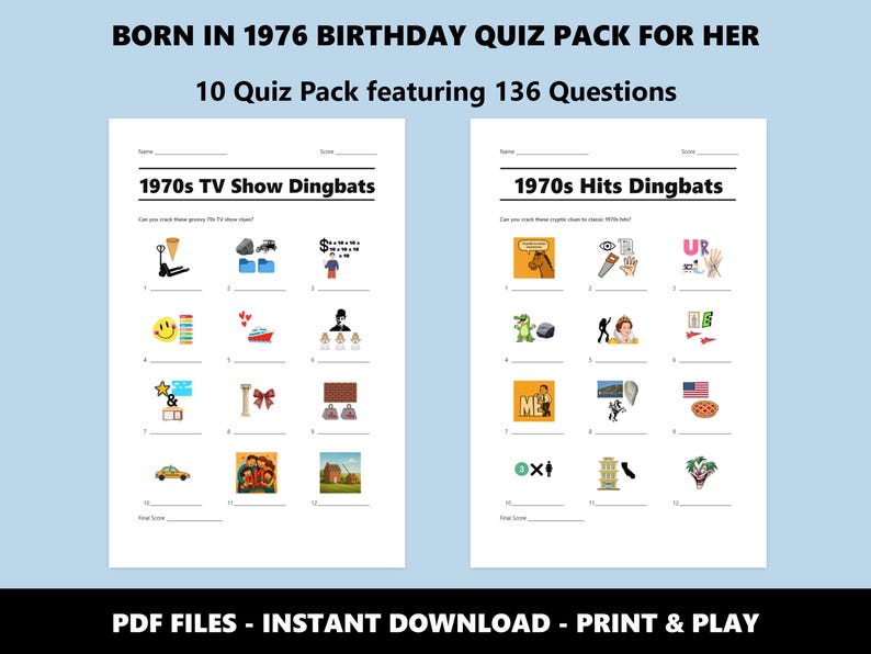 1976 Birthday Quiz Bundle For Her: 50th Birthday Trivia (Instant PDF Download) image 2