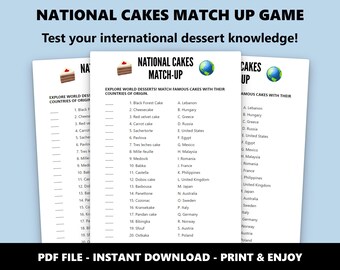 National Cakes Match Up Quiz: International Dessert Game (Instant Download)