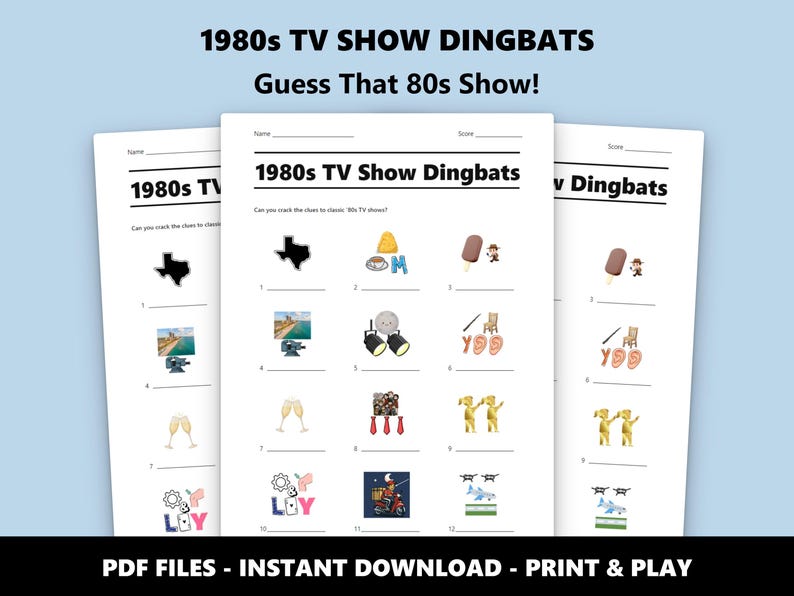 Test de imágenes de Dingbats, el programa de televisión de los 80: Divertido juego de trivia imprimible para fiestas (descarga instantánea en PDF) imagen 1