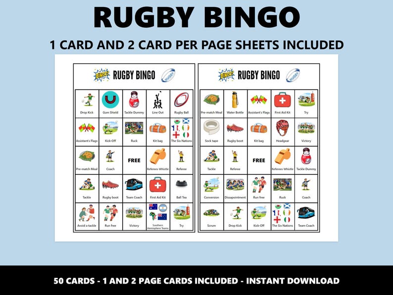 Rugbybingospel: 50 unieke kaarten (directe download) afbeelding 2