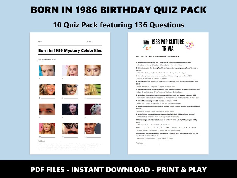 40th Birthday Quiz Pack: Born in 1986 Trivia Bundle (Instant PDF Download) image 4