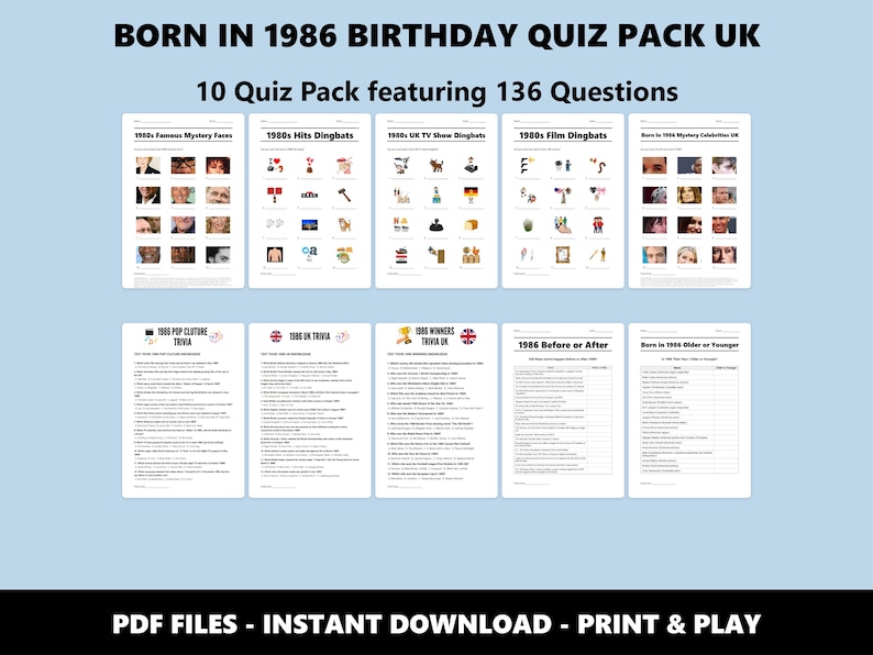 40th Birthday UK Quiz Pack: Born in 1986 Trivia Bundle (Instant PDF Download) image 1