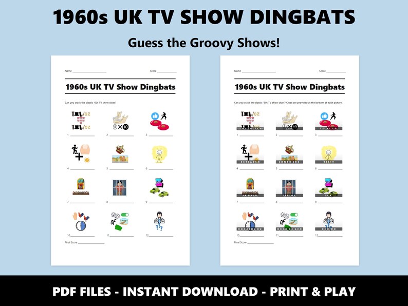 1960er Jahre UK TV-Show Dingbats Bild Quiz: Lustiges Quiz-Spiel zum Ausdrucken für Partys (Instant PDF Download) Bild 2