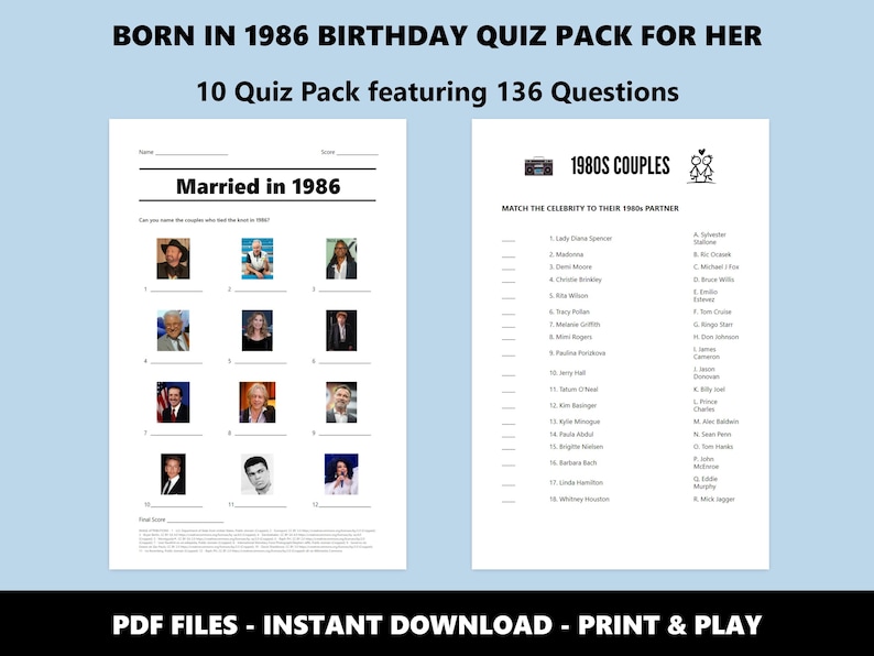 1986 Birthday Trivia Quiz Pack: 40th Birthday, 80s Theme (Instant PDF Download) image 4