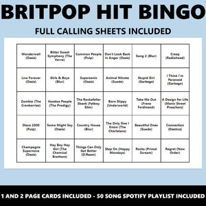 Bingo de éxitos del Britpop: Juego de bingo musical de los 90 (Descarga instantánea) imagen 3