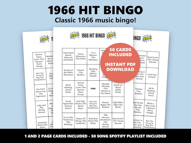1966 Hit Bingo: 60er Jahre Musik Bingo Spiel (Instant Download) Bild 1