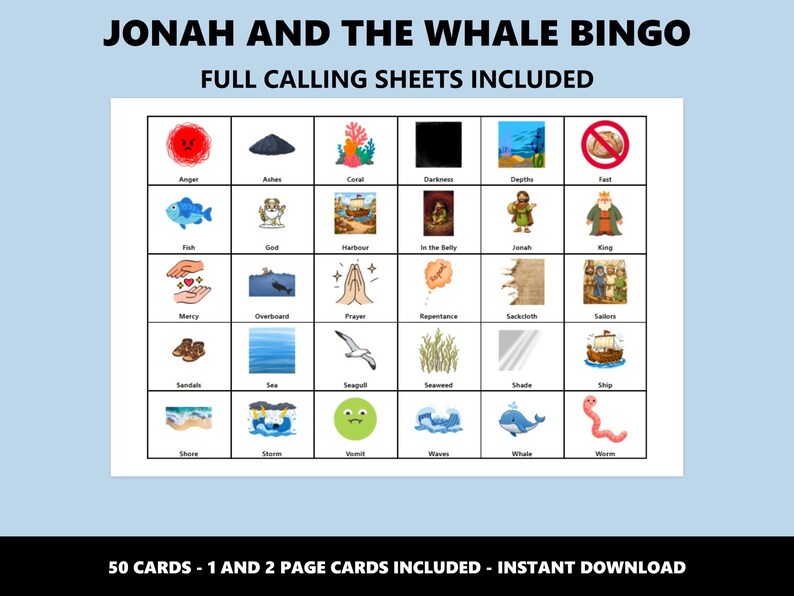 Jonah and the Whale Bingo: Bible Story Themed Bingo Game (Instant Download) image 3