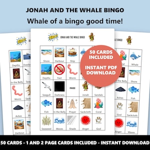 May include: A set of printable "Jonah and the Whale Bingo" cards. The cards feature illustrations of biblical themes, including a whale, ship, and Jonah. The text "50 Cards Included" and "Instant PDF Download" are also visible.