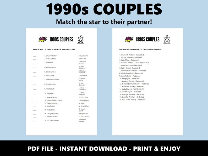 1990s Couples Match Up Quiz: Celebrity Romance Trivia Game (Instant Download) image 2