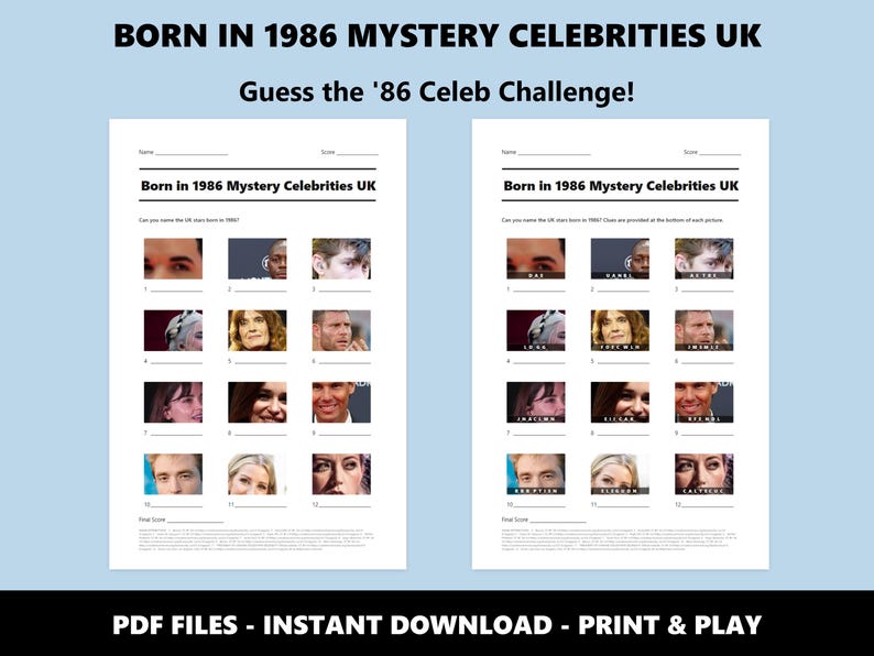 1986 UK Celebrity Picture Quiz: 40e verjaardag feestspel (directe pdf-download) afbeelding 2
