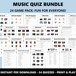 May include: A music quiz bundle featuring 24 printable game sheets with black text and graphics on white paper. Titles include 1960s Bands, 1970s Hit Anagrams, 1980s Pop Lyrics, Christmas Music Videos, and Eurovision Winners. The text reads MUSIC QUIZ BUNDLE.