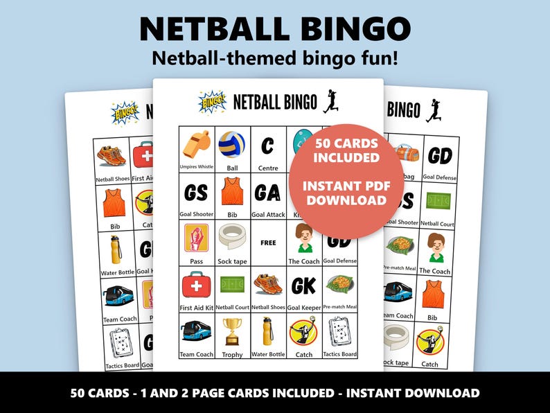 Netball Bingo Spiel: 50 Einzigartige Karten (Instant Download) Bild 1