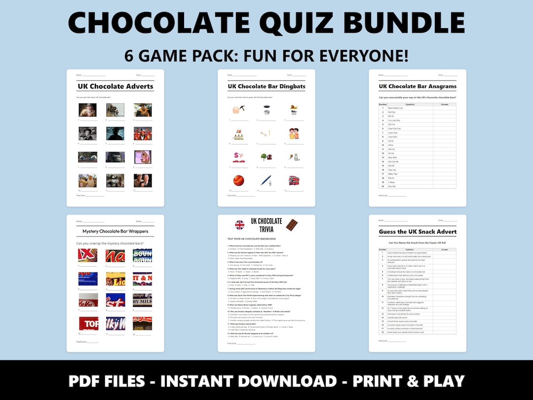 Food and Drink Quiz Bundle 6 Chocolate Quizzes (instant PDF
