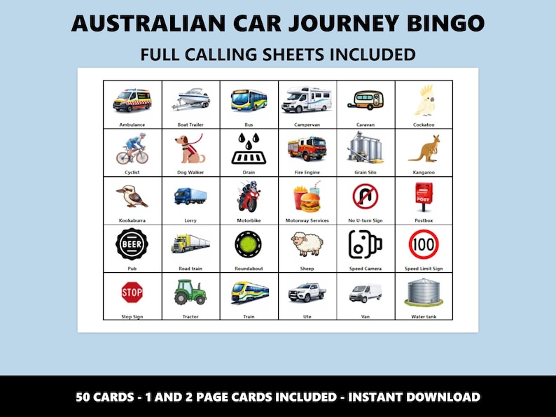 Bingo de viaje en coche por Australia: Juego de bingo para viajes por carretera en familia (Descarga instantánea) imagen 3