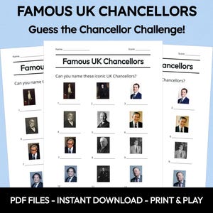Famous UK Chancellors Picture Quiz, Printable Trivia Game, British Politics Quiz, Family Party Activity, Pub Quiz Night, Instant Download