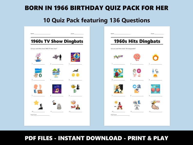 Paquete de preguntas de cumpleaños de 1966: Trivial del 60.º cumpleaños, 10 juegos (descarga instantánea en PDF) imagen 2