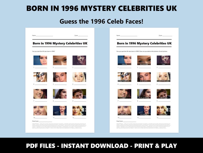 Jahrgang 1996 Mystery Stars UK Bild Quiz: Geburtstagsquiz zum 30. Geburtstag für Partys oder Familienspaß (Instant PDF Download) Bild 2