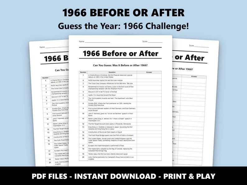 1966 Före eller efter Trivia Quiz: Roligt 60-årsfestspel (Direkt PDF-nedladdning) bild 1