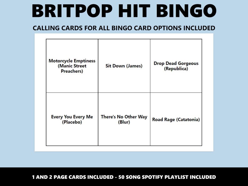 Bingo de éxitos del Britpop: Juego de bingo musical de los 90 (Descarga instantánea) imagen 4