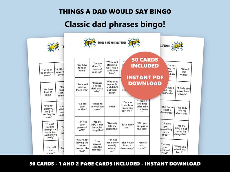 Dad Sayings Bingo: Classic Phrases Game (Instant Download) image 1