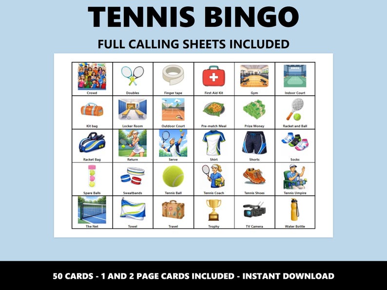 Tennis Bingo Cards: Tennis Themed Party Game (Instant Download) image 3