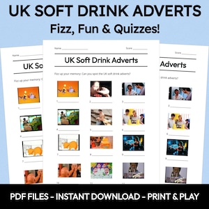 UK Soft Drink Adverts Picture Quiz, Party Game, Printable Trivia, Family Night Fun, Educational Game, Friends Gathering Activity