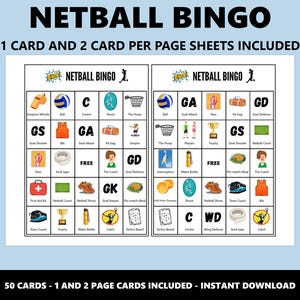 K&ouml;nnte beinhalten: Ein druckbares Netball-Bingo-Spielblatt mit zwei Bingokarten pro Seite. Die Karten zeigen Netball-bezogene Bilder und Begriffe, darunter einen Ball, Leibchen und das Wort "FREE". Der Text "NETBALL BINGO" steht oben.