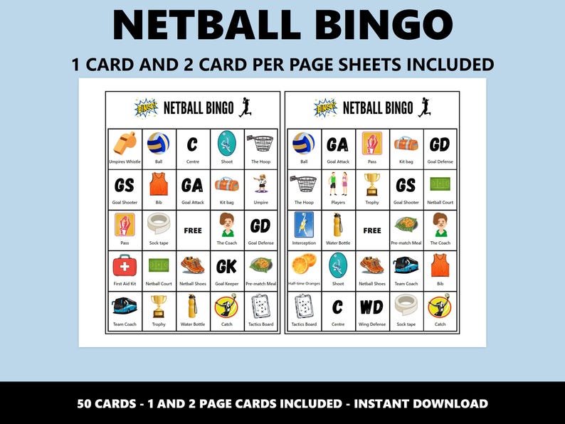 K&ouml;nnte beinhalten: Ein druckbares Netball-Bingo-Spielblatt mit zwei Bingokarten pro Seite. Die Karten zeigen Netball-bezogene Bilder und Begriffe, darunter einen Ball, Leibchen und das Wort "FREE". Der Text "NETBALL BINGO" steht oben.