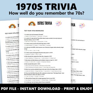 1970s Trivia Quiz: Multiple Choice 70s Decade History Quiz (Instant Download) image 1