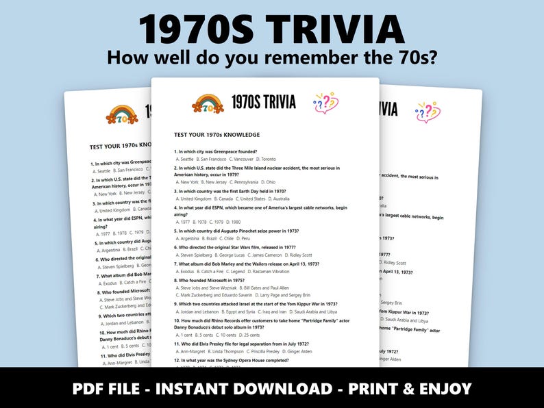 1970s Trivia Quiz: Multiple Choice 70s Decade History Quiz (Instant Download) image 1