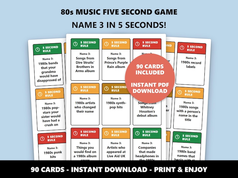 Musique des années 80, jeu Five Second : jeu de société rétro amusant (téléchargement instantané) image 1