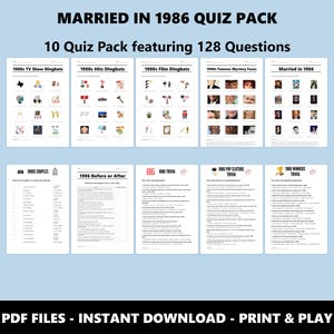 Può includere: Un pacchetto di quiz intitolato "Married in 1986" con 10 pacchetti di quiz con 128 domande. I pacchetti di quiz includono curiosità su programmi TV, successi, film e volti famosi degli anni '80. È presente anche il testo "PDF FILES - INSTANT DOWNLOAD - PRINT & PLAY".